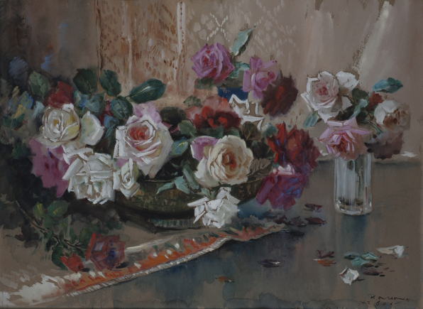 No.34120503 水彩画真野紀太郎「ばら　日本水彩画会45周年記念展出品作 No.34120503 水彩画真野紀太郎「ばら 日本水彩画会45周年記念展出品作